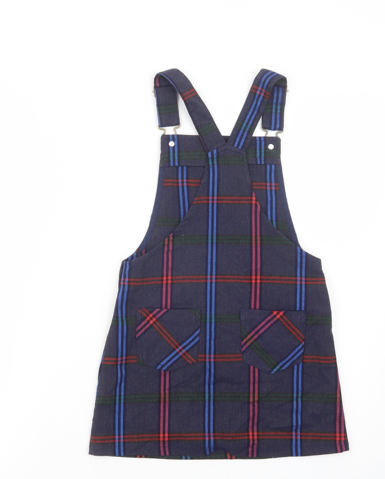 NEXT Girls Purple Plaid Polyester Pinafore/Dungaree Dress  Size 7 Years  Square Neck Button