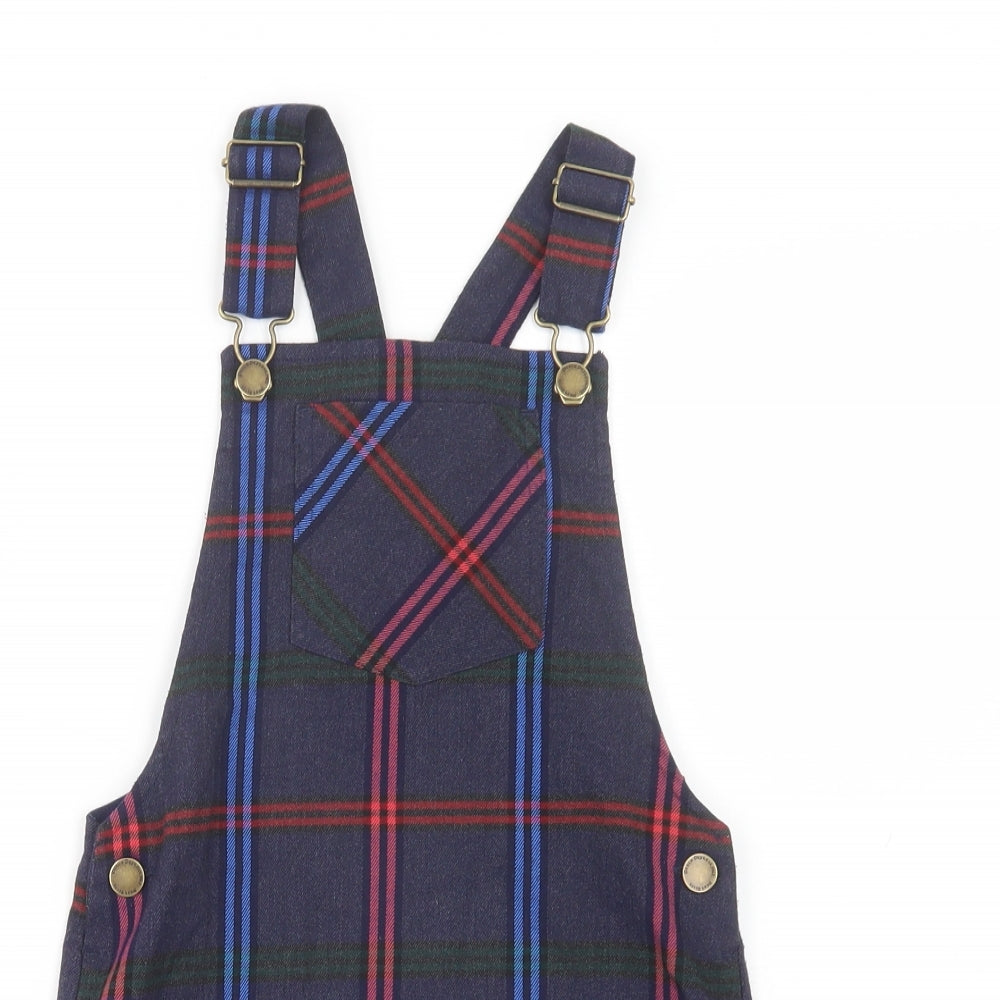 NEXT Girls Purple Plaid Polyester Pinafore/Dungaree Dress  Size 7 Years  Square Neck Button