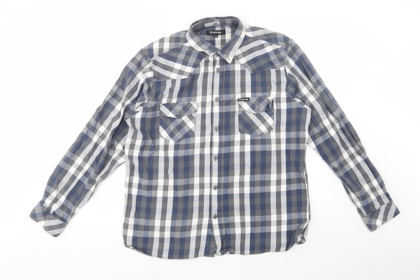 Firetr Mens Grey Check Cotton  Button-Up Size 2XL Collared Button