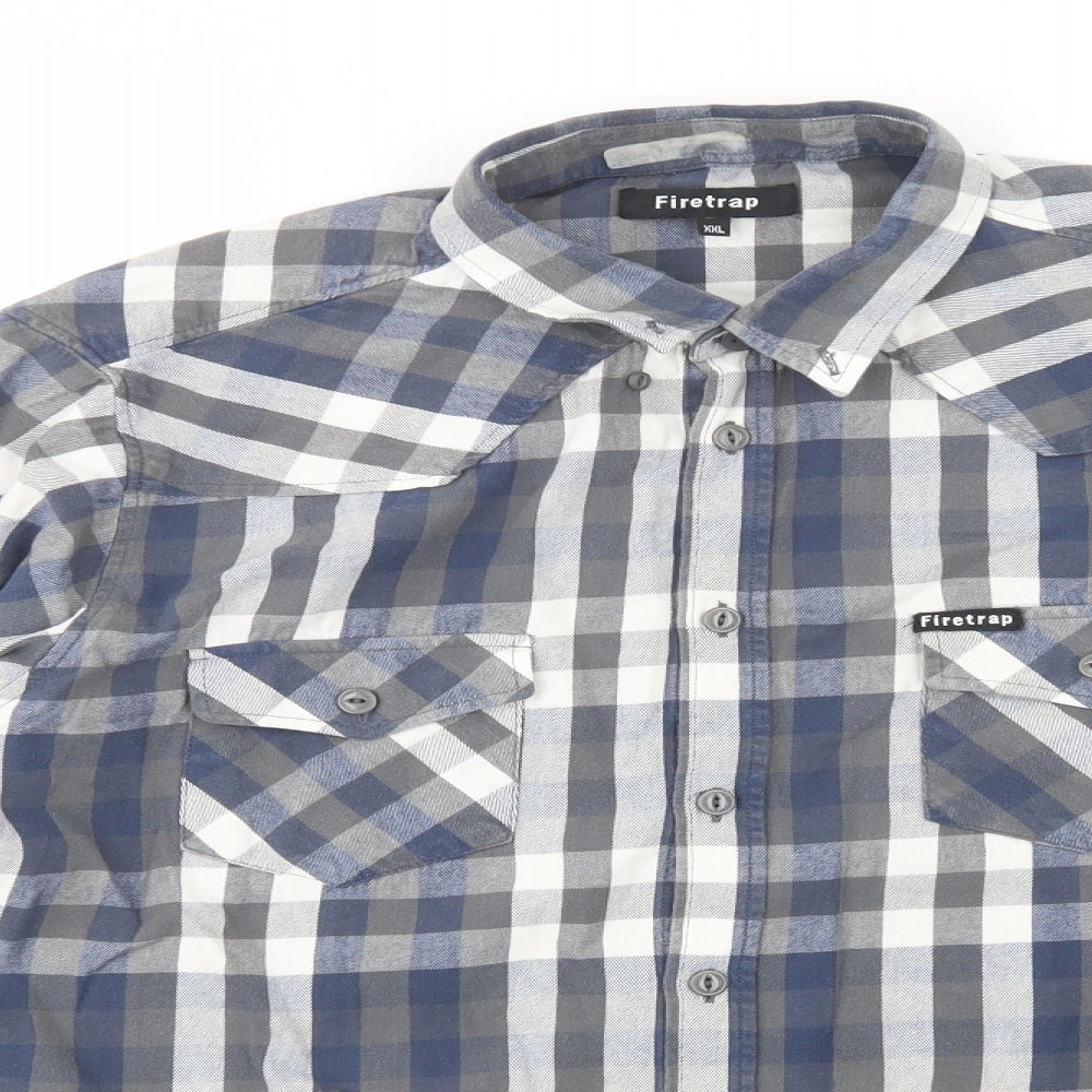 Firetr Mens Grey Check Cotton  Button-Up Size 2XL Collared Button