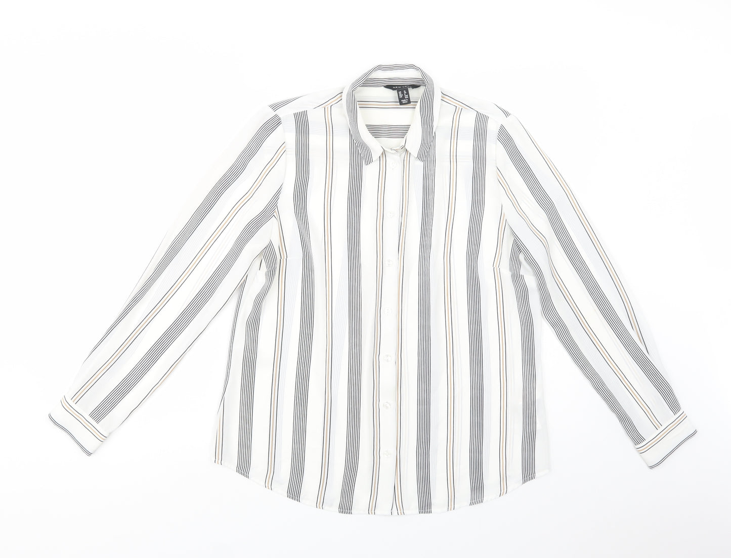New Look Womens White Striped Polyester Basic Button-Up Size 12 Collared