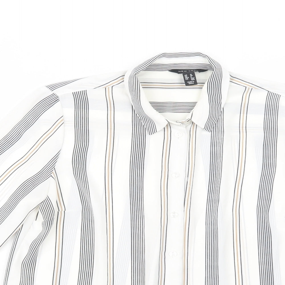 New Look Womens White Striped Polyester Basic Button-Up Size 12 Collared