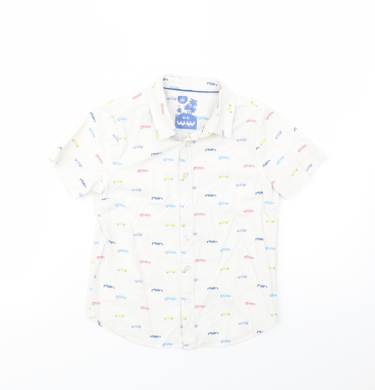 F&F Boys White Geometric Cotton Basic Button-Up Size 5-6 Years Collared Button - Cars
