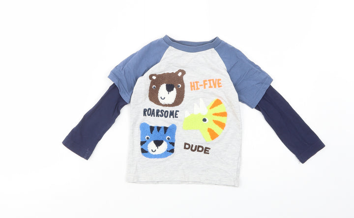 F&F Boys Grey Colourblock Cotton Pullover T-Shirt Size 2-3 Years Crew Neck Pullover - Roarsome Dude