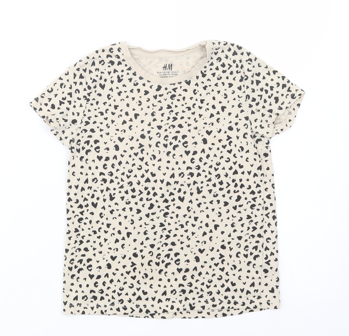 H&M Girls Beige Animal Print Cotton Pullover T-Shirt Size 6-7 Years Crew Neck Pullover