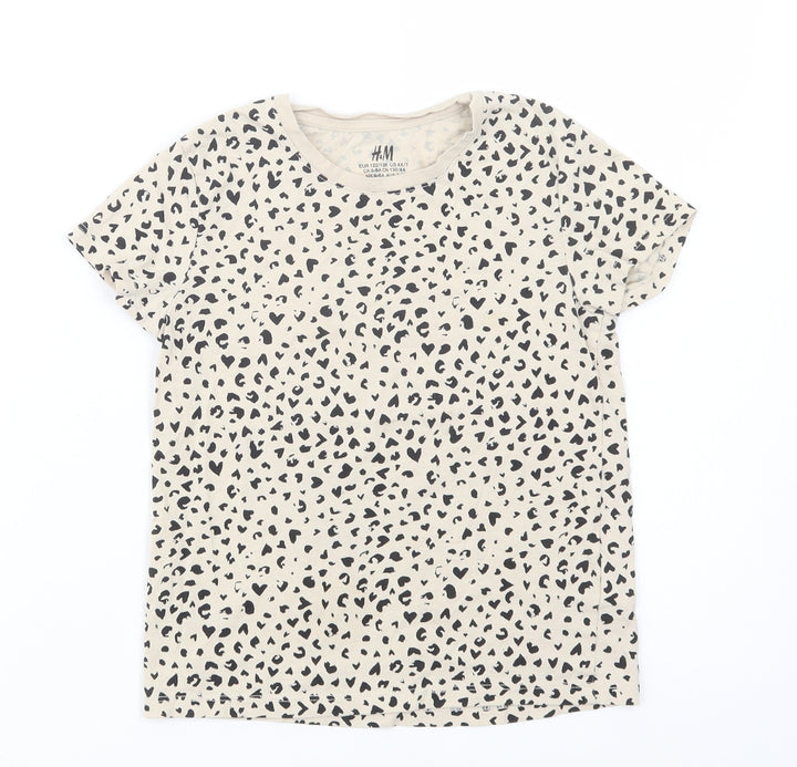 H&M Girls Beige Animal Print Cotton Pullover T-Shirt Size 6-7 Years Crew Neck Pullover