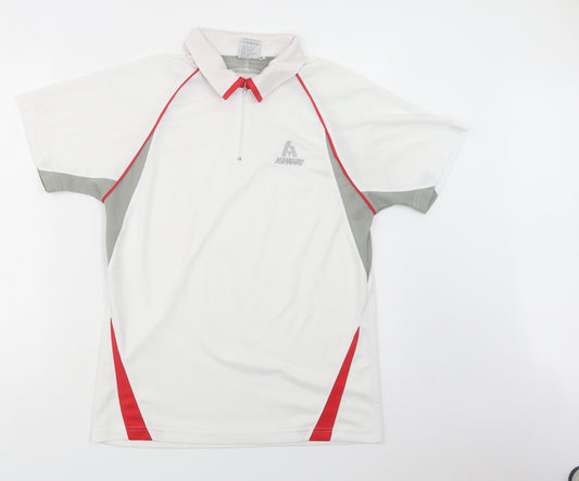 Front view of Ashaway men’s white colourblock polyester polo, size S, collared zip