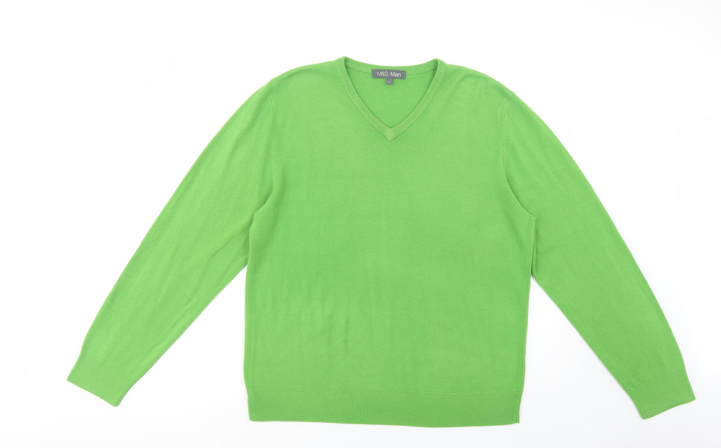 Marks and Spencer Mens Green V-Neck  Acrylic Pullover Jumper Size L