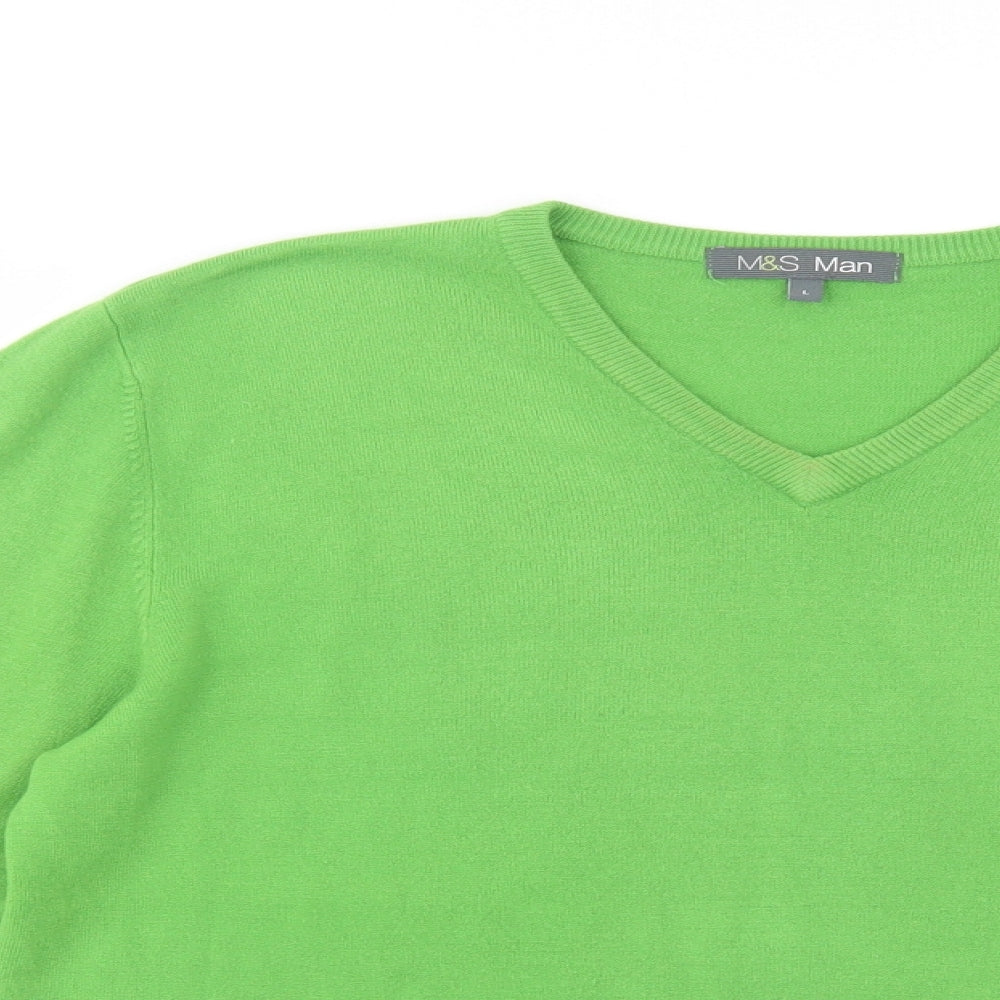 Marks and Spencer Mens Green V-Neck  Acrylic Pullover Jumper Size L