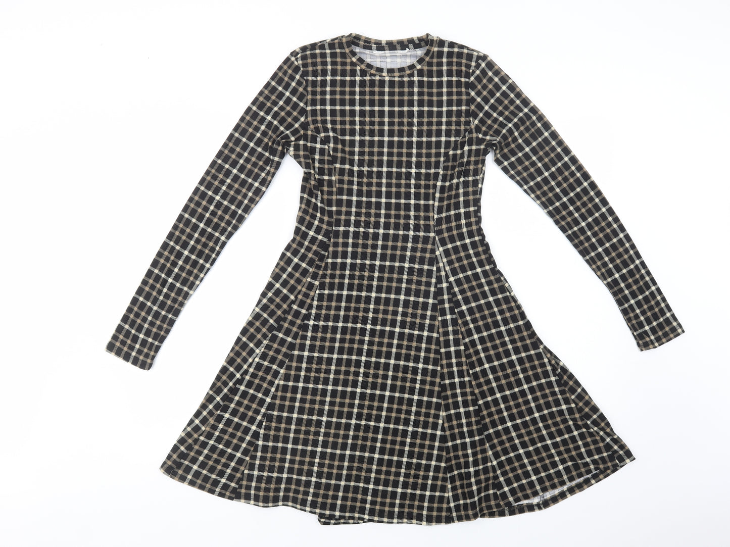 Primark Womens Brown Plaid Polyester Skater Dress  Size 4  Crew Neck Pullover