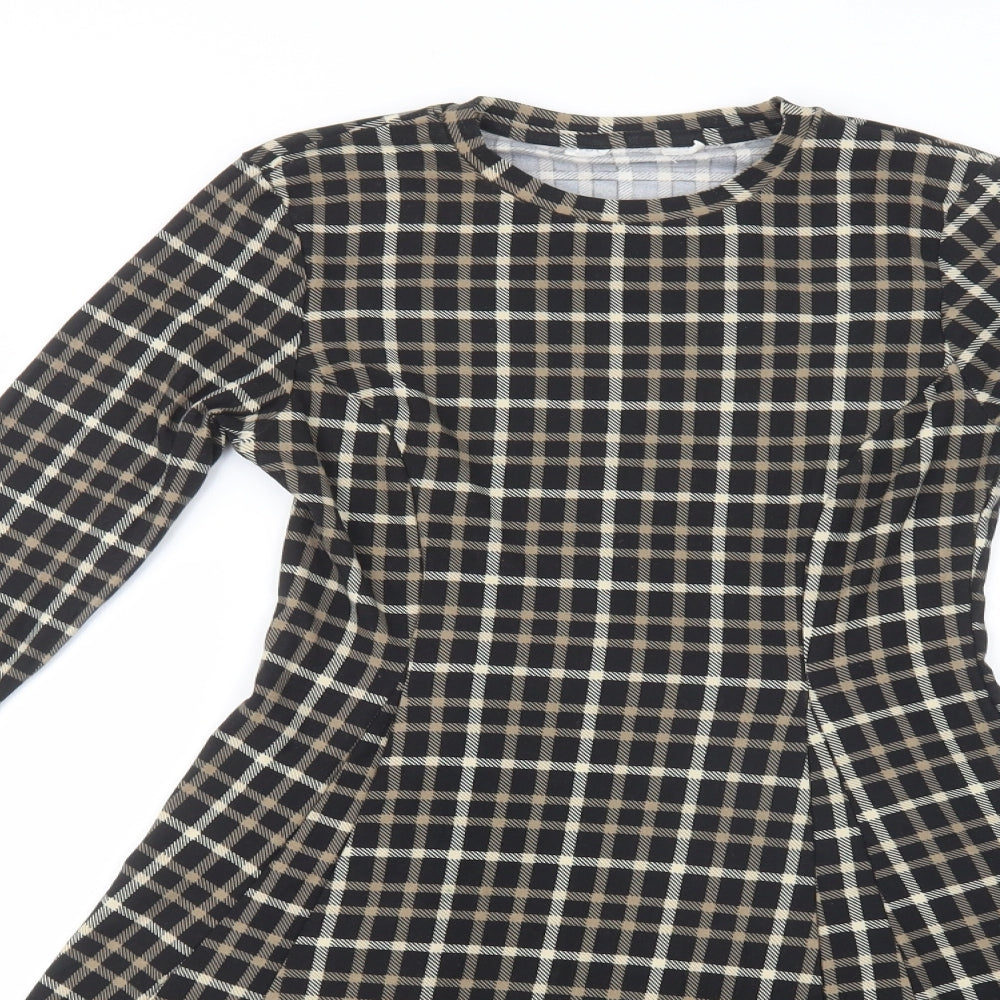Primark Womens Brown Plaid Polyester Skater Dress  Size 4  Crew Neck Pullover