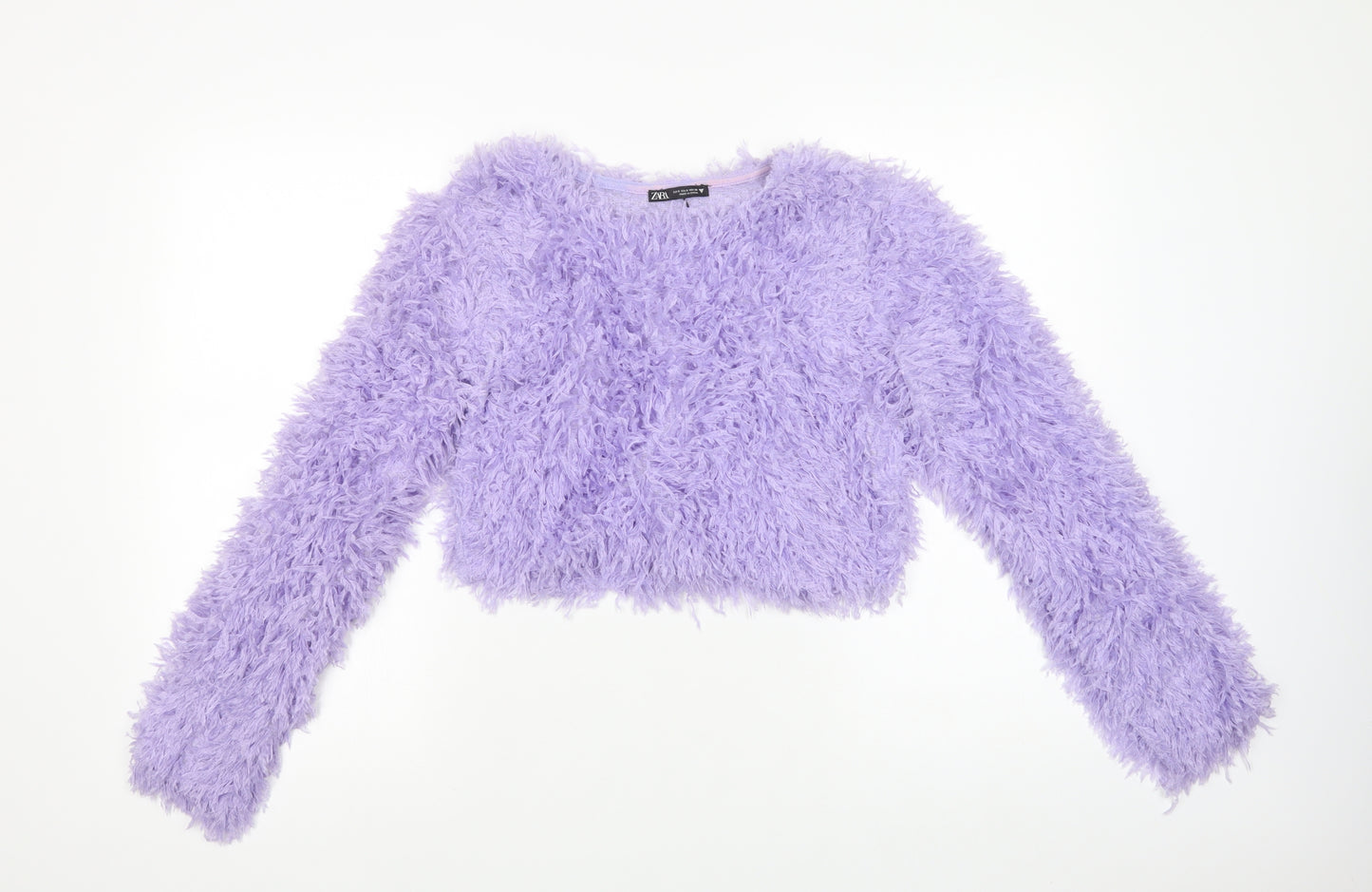Zara Womens Purple  Polyester Cropped Blouse Size S Crew Neck