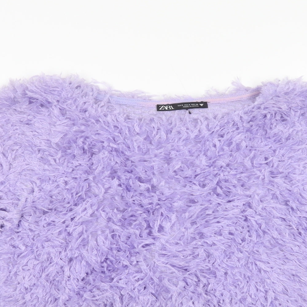 Zara Womens Purple  Polyester Cropped Blouse Size S Crew Neck