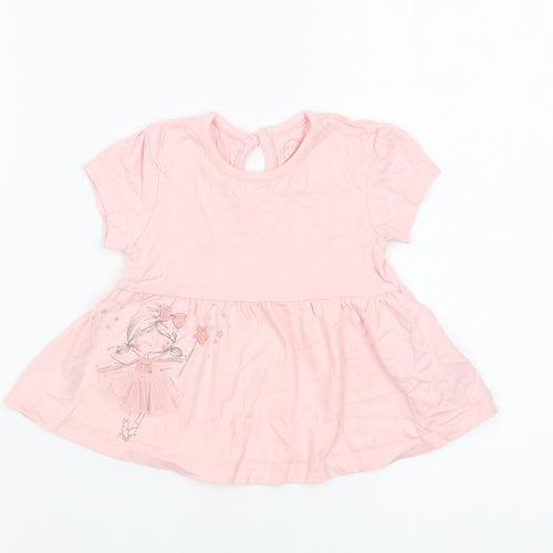 Primark Baby Pink  Cotton Pullover T-Shirt Size 6-9 Months Crew Neck Button - Ballerina