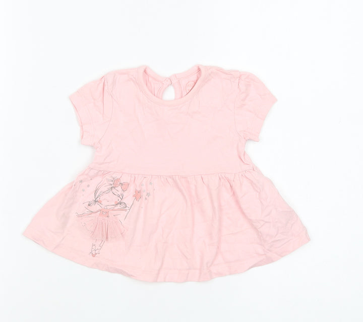 Primark Baby Pink Cotton Pullover T-Shirt Size 6-9 Months Crew Neck Button - Ballerina