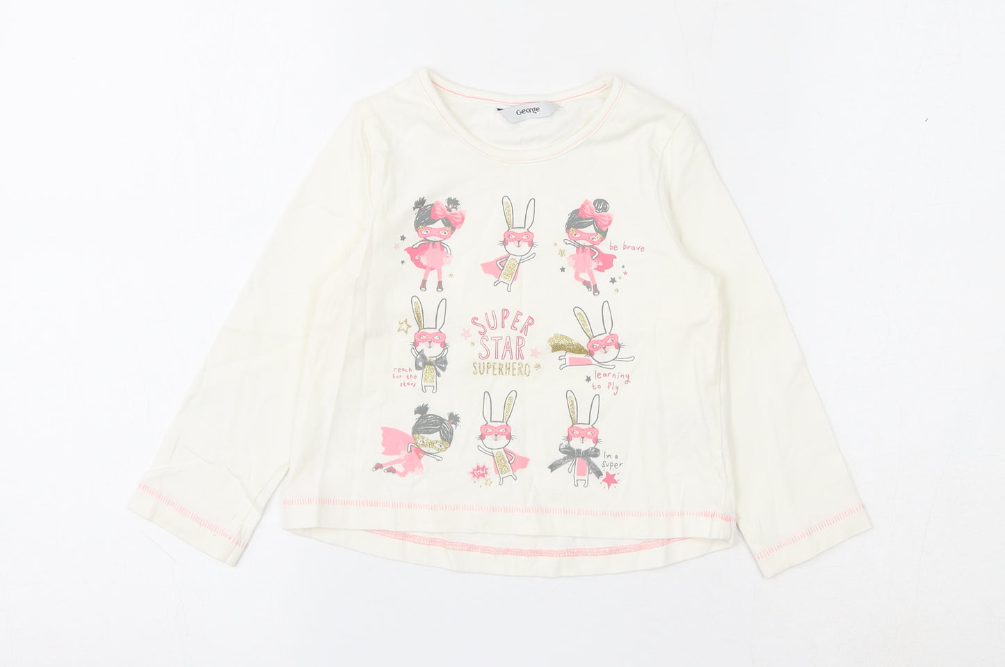 George Girls Ivory  100% Cotton Basic T-Shirt Size 2-3 Years Round Neck