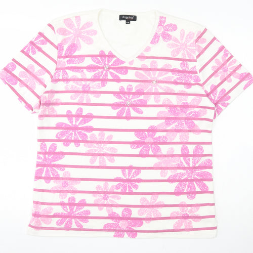 Angelina Womens White Floral Polyester Basic T-Shirt Size L V-Neck