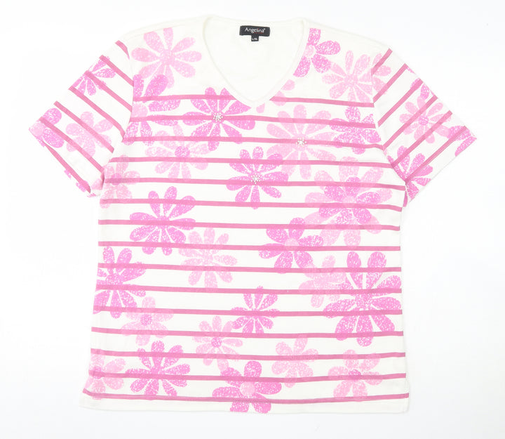 Angelina Womens White Floral Polyester Basic T-Shirt Size L V-Neck