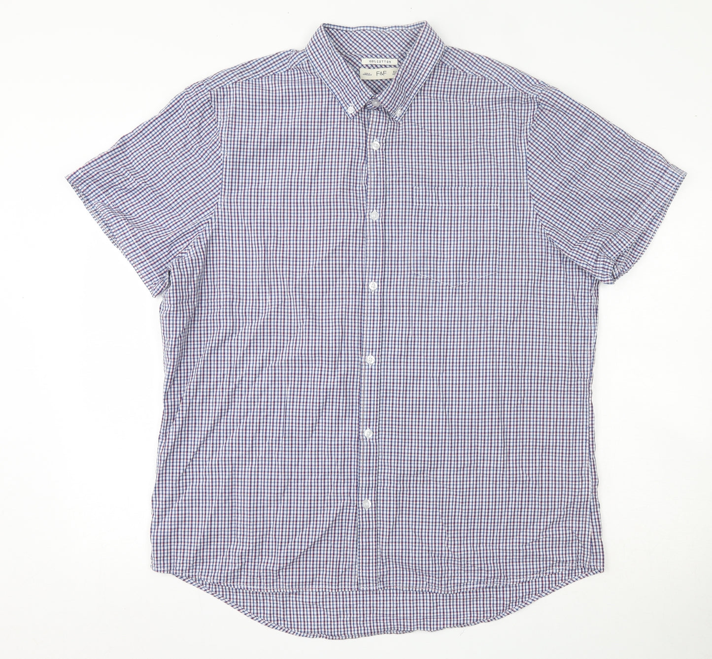 F&F Mens Blue Check Cotton  Button-Up Size XL Collared