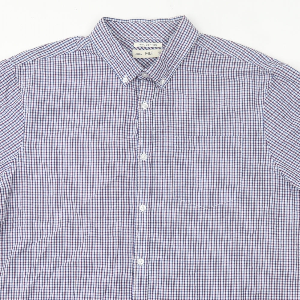 F&F Mens Blue Check Cotton  Button-Up Size XL Collared