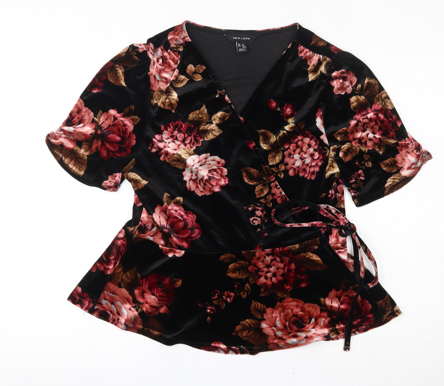 New Look Womens Black Floral Polyester Wrap Blouse Size 16 V-Neck