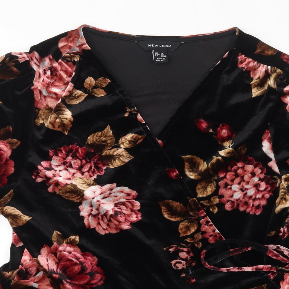 New Look Womens Black Floral Polyester Wrap Blouse Size 16 V-Neck
