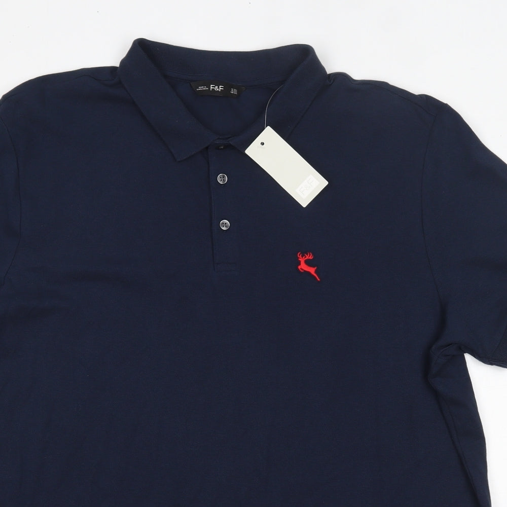 F&F Mens Blue  Cotton  Polo Size 2XL Collared Button