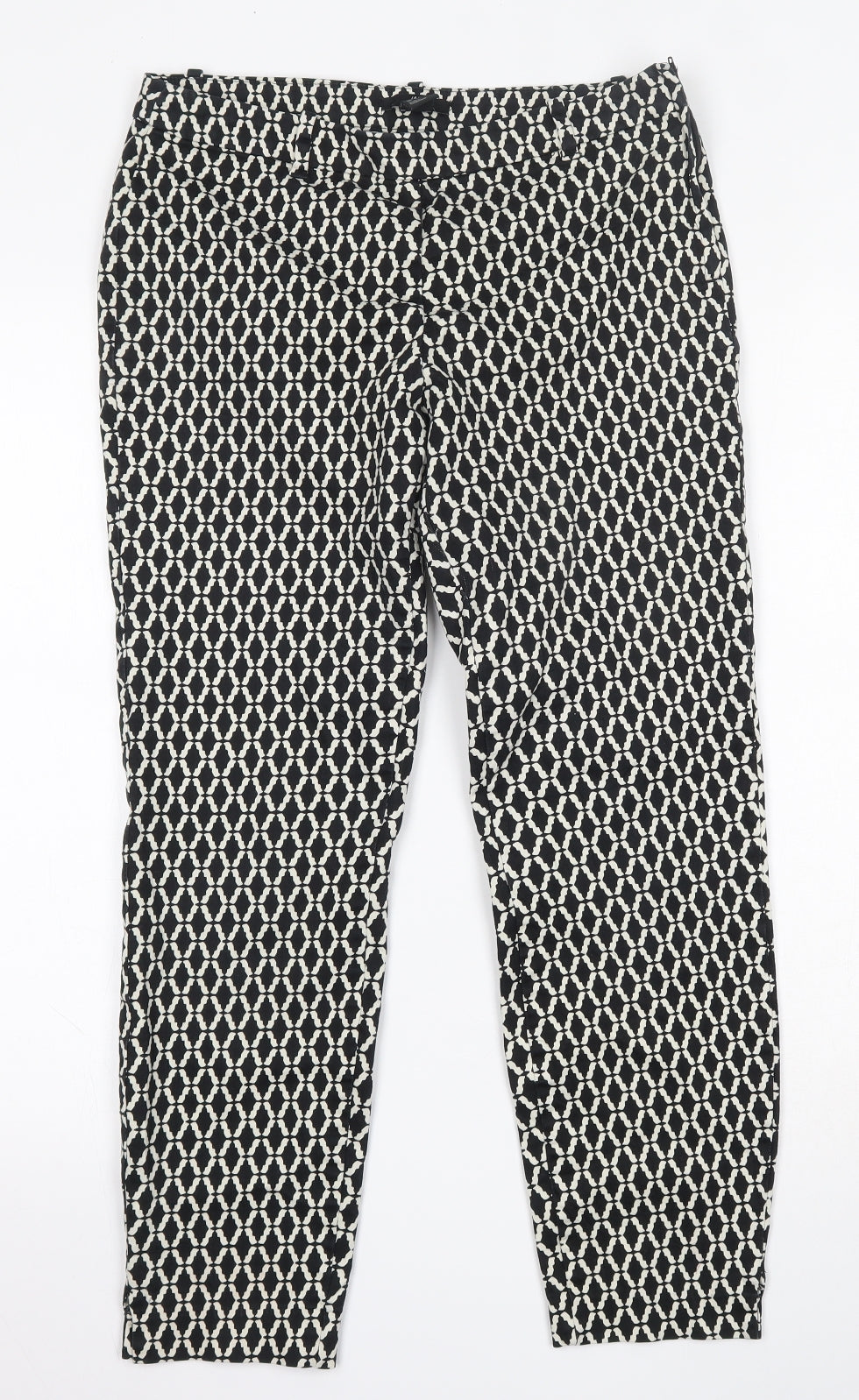 H&M Womens Black Geometric Cotton Trousers  Size 10 L25 in Regular Button