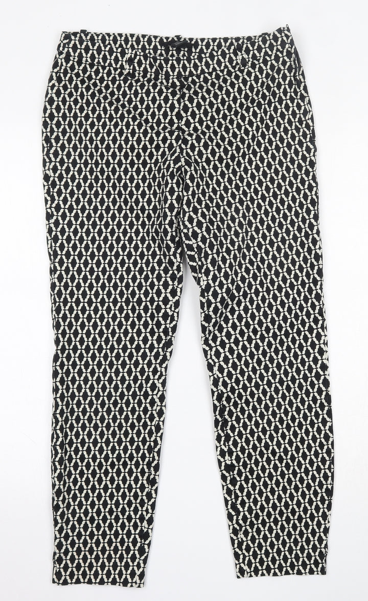 H&M Womens Black Geometric Cotton Trousers  Size 10 L25 in Regular Button