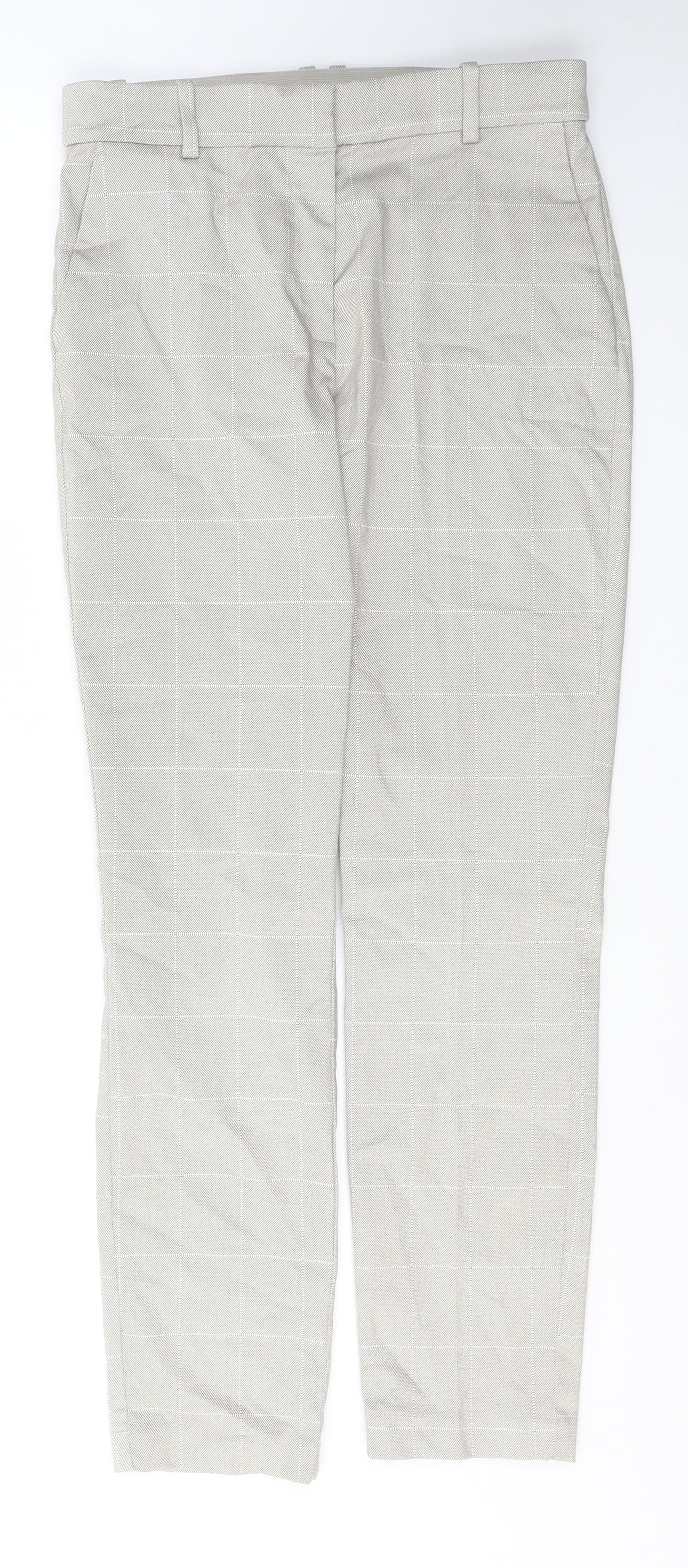 H&M Womens Grey Plaid Cotton Trousers  Size 10 L27 in Regular Button