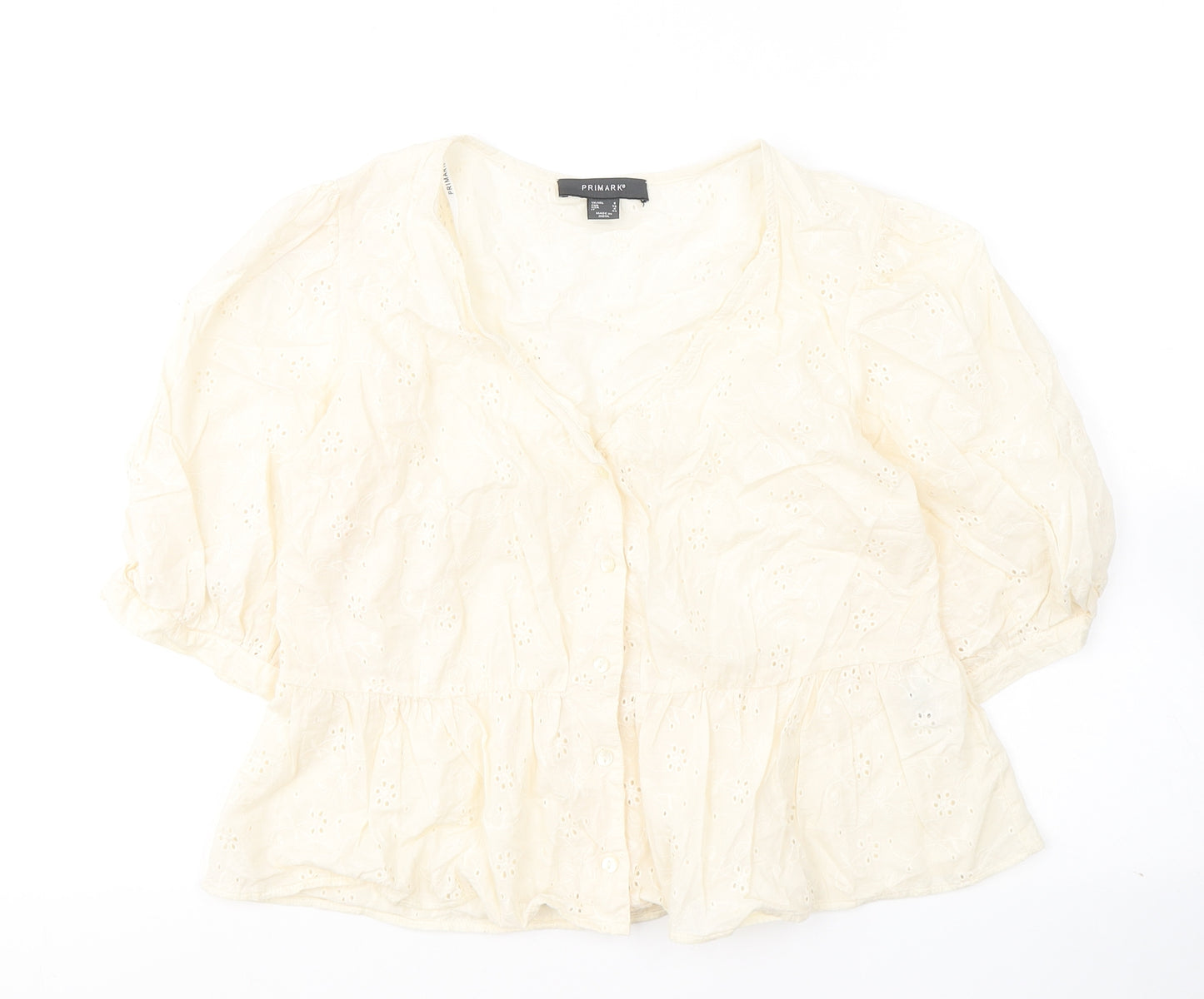 Primark Womens Ivory Floral Cotton Basic T-Shirt Size 8 V-Neck