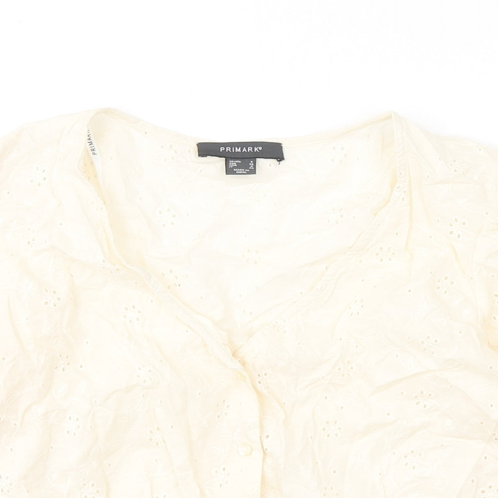 Primark Womens Ivory Floral Cotton Basic T-Shirt Size 8 V-Neck