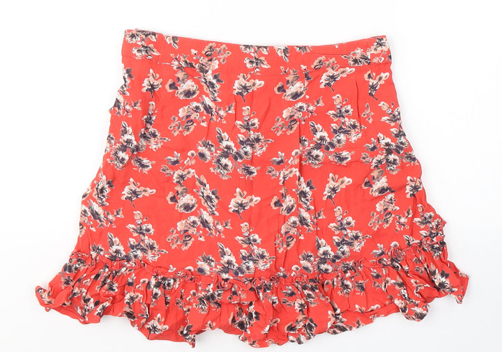 Topshop Womens Red Floral Viscose Flare Skirt Size 8 Zip