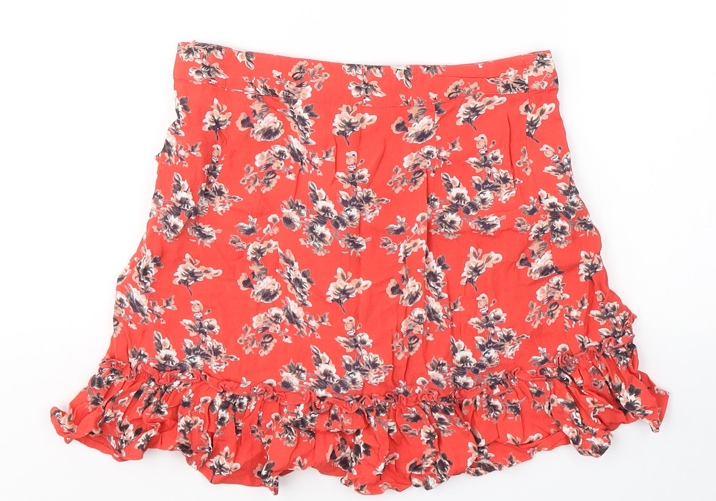 Topshop Womens Red Floral Viscose Flare Skirt Size 8   Zip