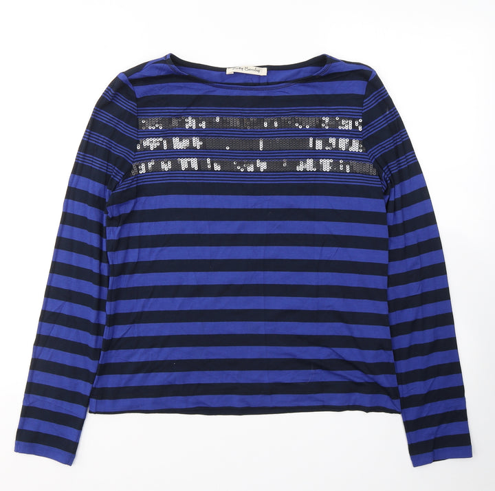 Betty Barclay Womens Blue Striped Viscose Basic Blouse Size 12 Round Neck