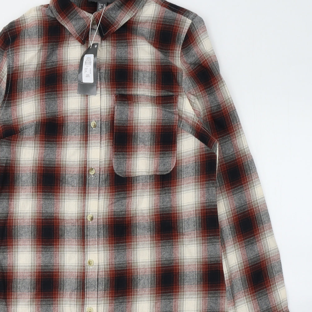 Primark Womens Red Plaid Cotton Basic Button-Up Size 14 Collared
