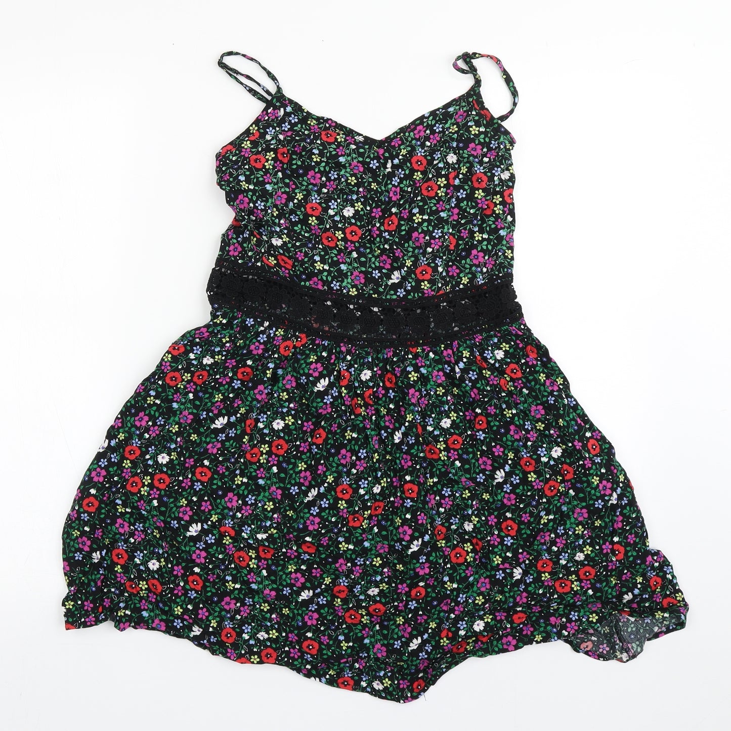 New Look Girls Black Floral 100% Cotton Camisole Blouse Size 13 Years V-Neck Zip