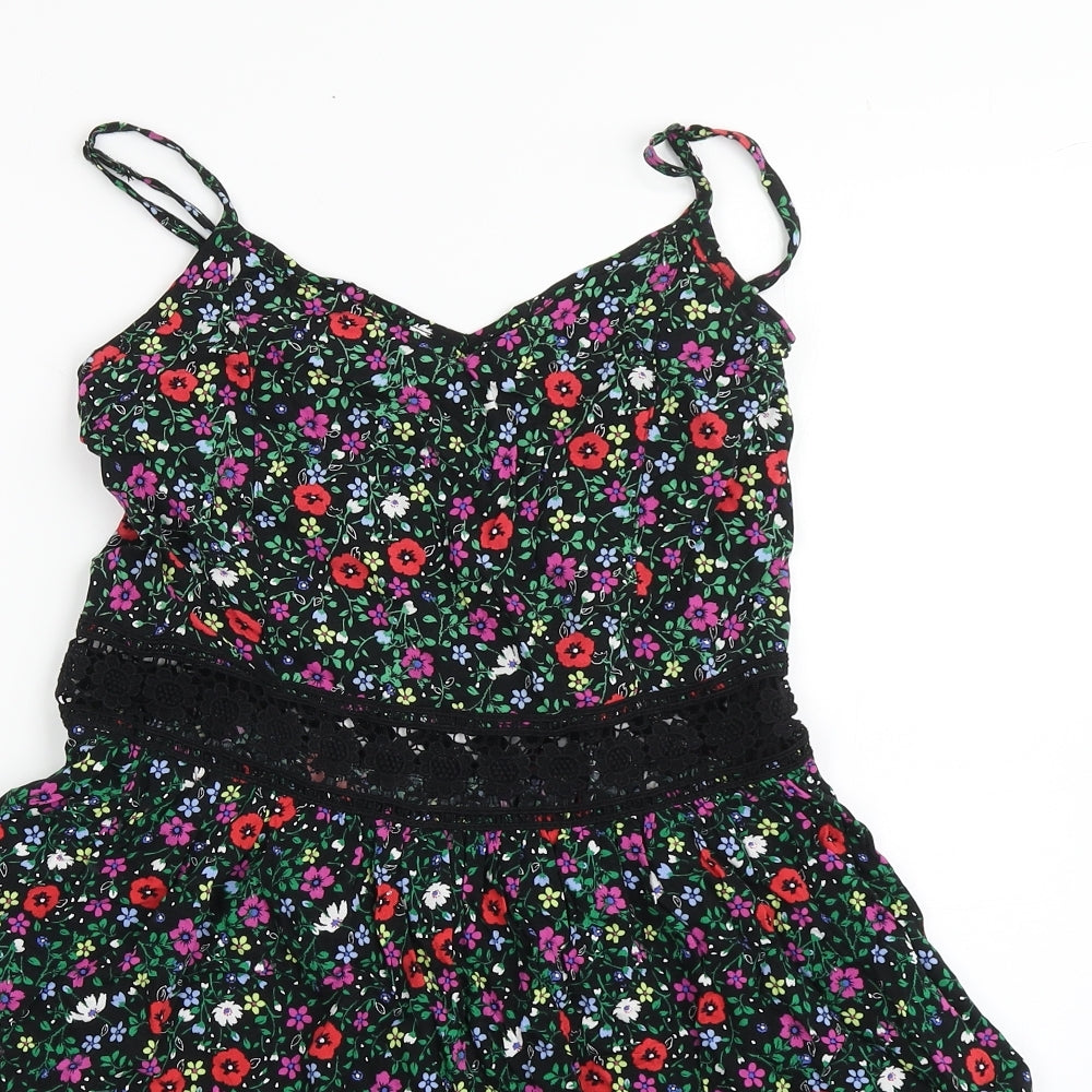 New Look Girls Black Floral 100% Cotton Camisole Blouse Size 13 Years V-Neck Zip