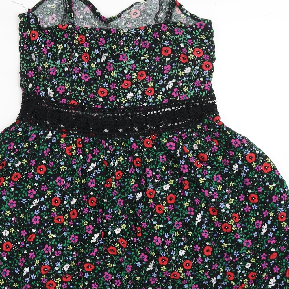 New Look Girls Black Floral 100% Cotton Camisole Blouse Size 13 Years V-Neck Zip