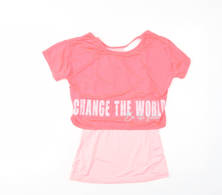 Dunnes Stores Womens Pink  Polyester Basic T-Shirt Size M Crew Neck - Change The World