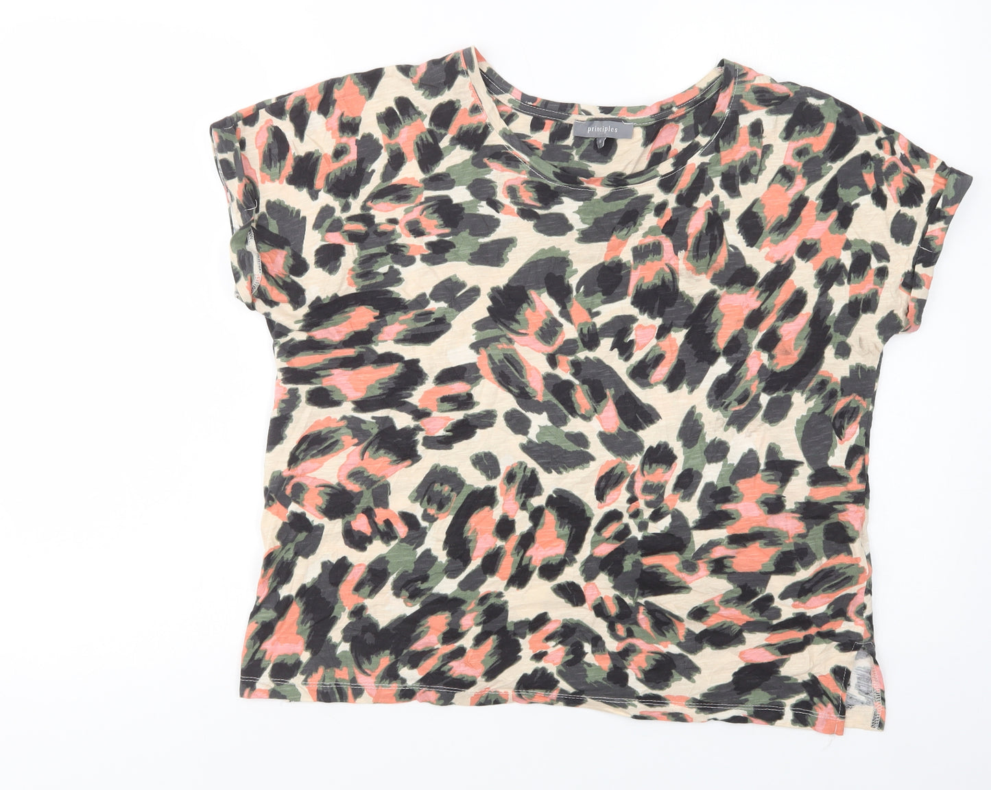 Principles Womens Beige Animal Print Cotton Basic T-Shirt Size 14 Crew Neck