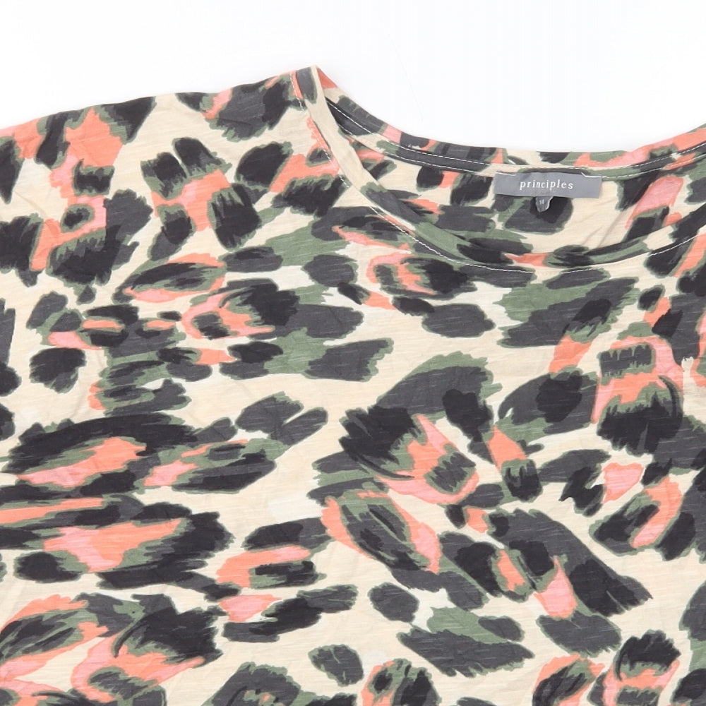 Principles Womens Beige Animal Print Cotton Basic T-Shirt Size 14 Crew Neck