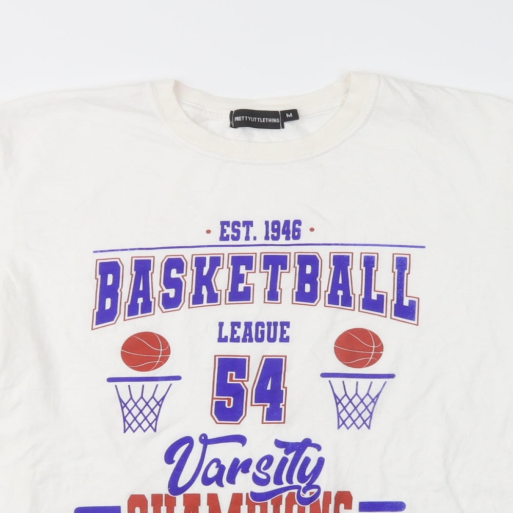 PRETTYLITTLETHING Womens White  Cotton Basic T-Shirt Size M Crew Neck - Basketball