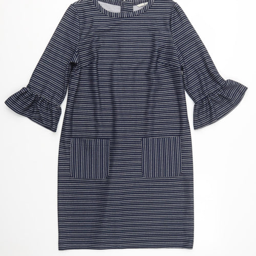 TU Womens Blue Striped Polyester Shift  Size 12  Crew Neck Zip