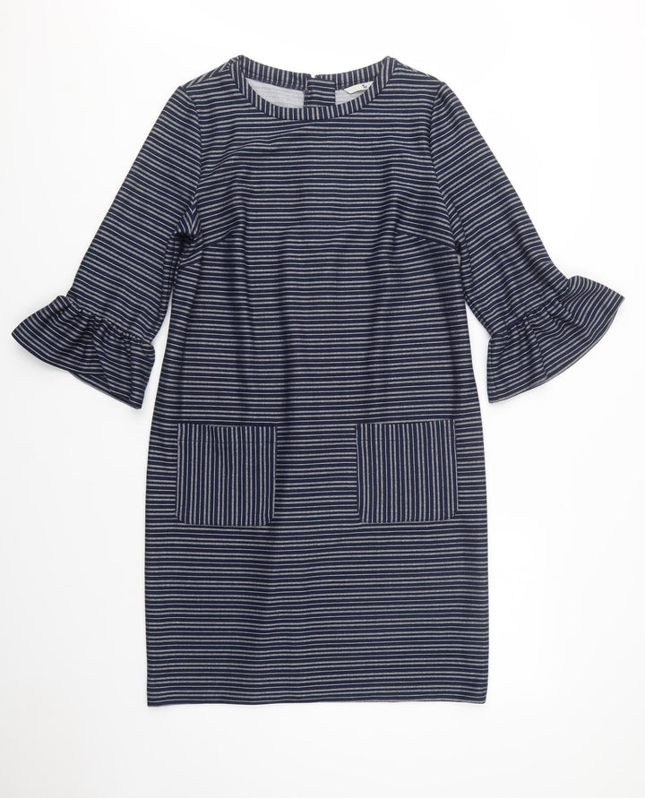 TU Womens Blue Striped Polyester Shift Size 12 Crew Neck Zip