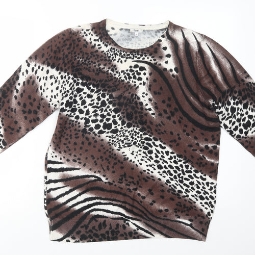 //Text... Womens Brown Crew Neck Animal Print Viscose Pullover Jumper Size XL