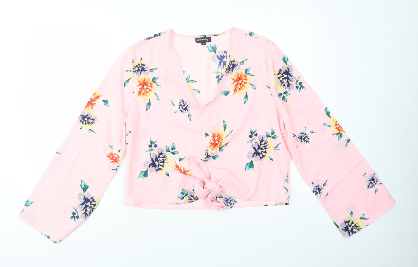 Chemistry Womens Pink Floral Polyester Basic Blouse Size 14 V-Neck