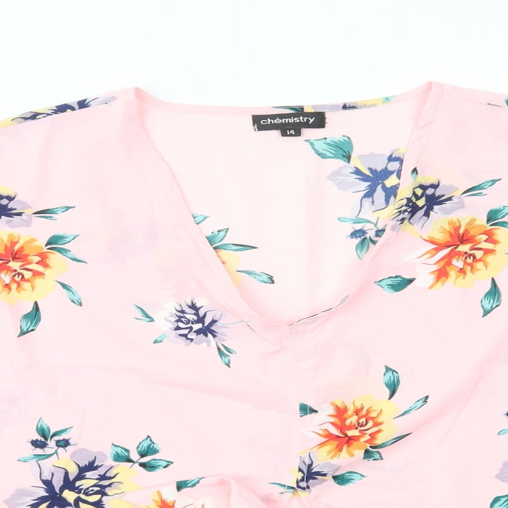 Chemistry Womens Pink Floral Polyester Basic Blouse Size 14 V-Neck