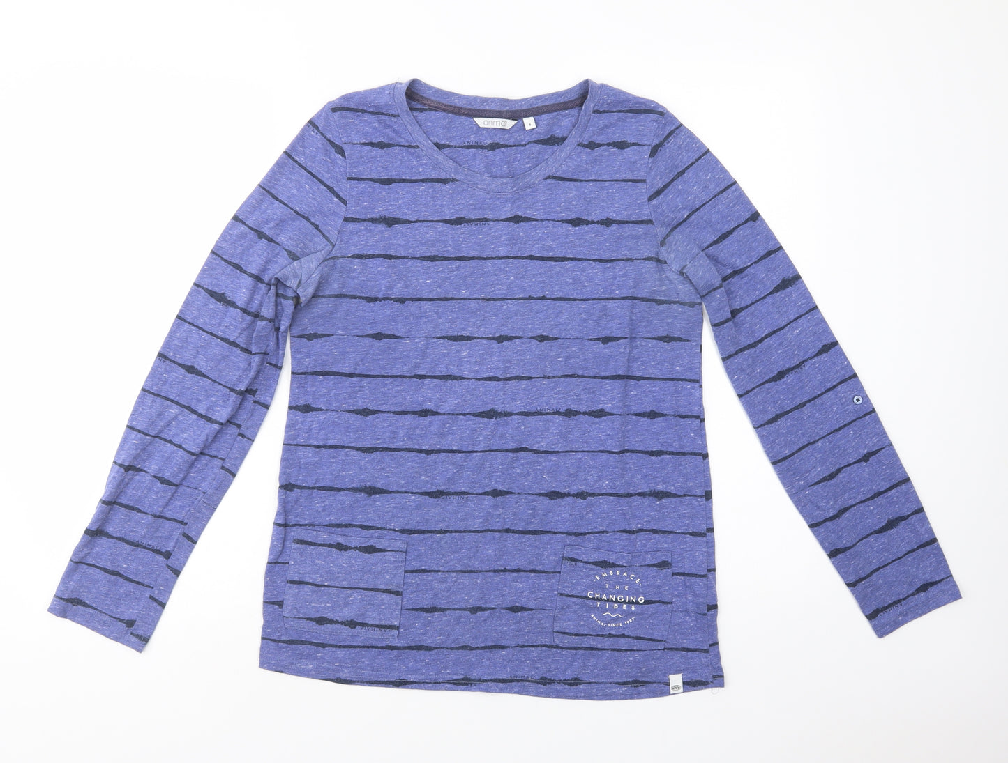 Animal Womens Purple Striped Polyester Basic T-Shirt Size 8 Crew Neck