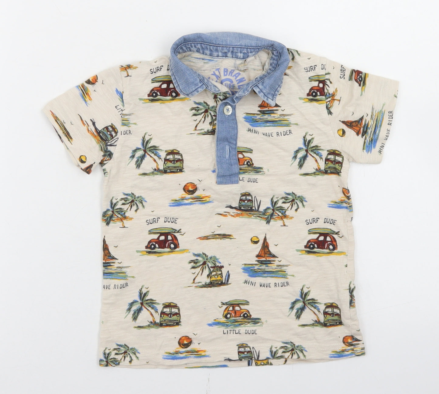 NEXT Boys Beige Geometric Cotton Basic Polo Size 2-3 Years Collared Button - Surfer Dude